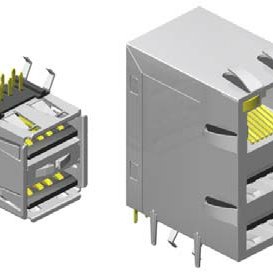 USB, Type A, 1.0, Dual Port, Right Angle, Tin/Gold, Black, 8 Contact, Through Hole, Female